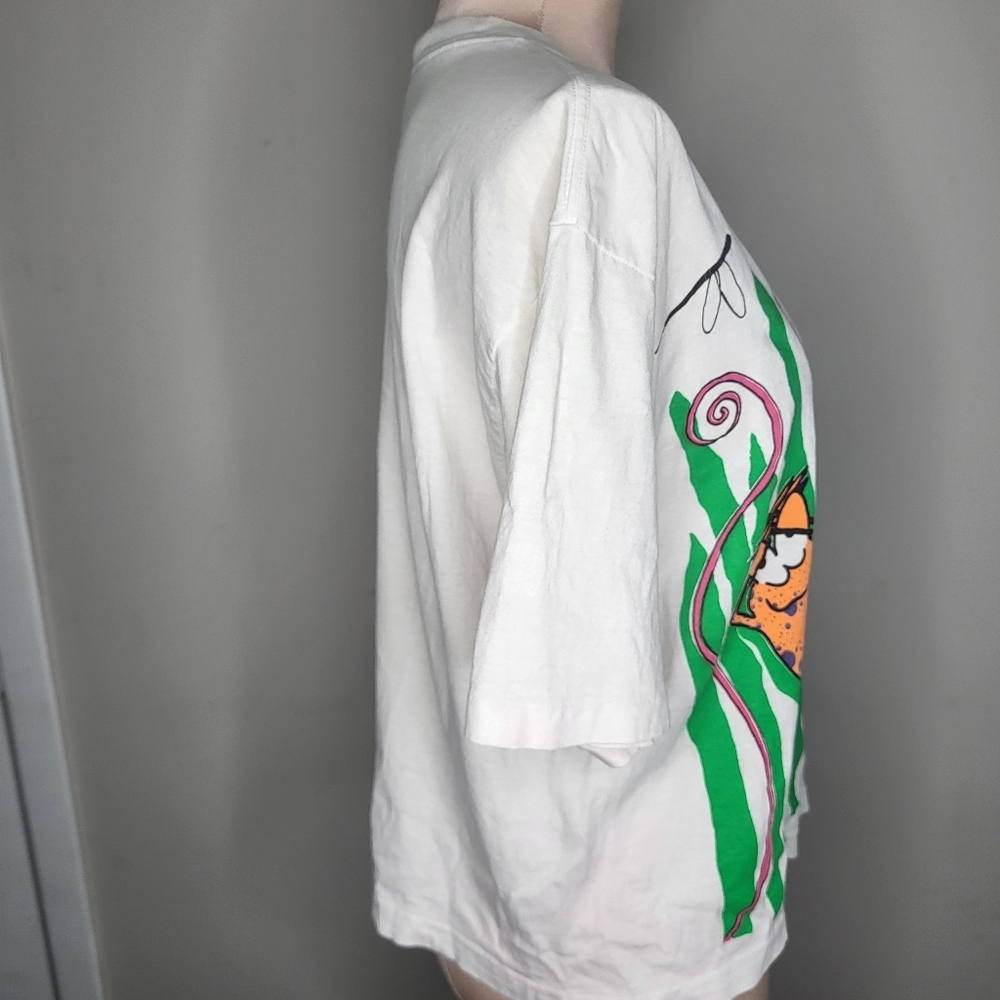 Vintage 90s White Cropped Graphic T-Shirt Green Reeds Orange Fish One Size - Picture 5 of 7